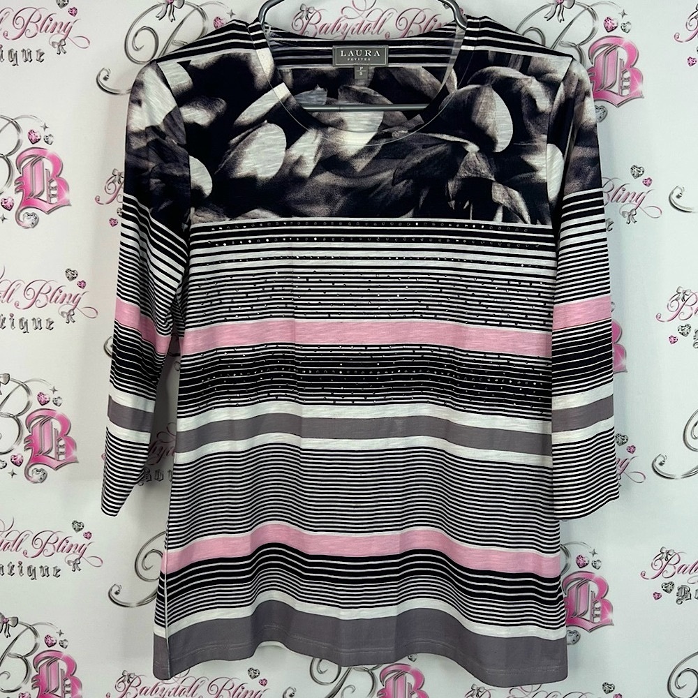 Laura top bling rhinestone crystals Black and Pink Striped Long Sleeve Top